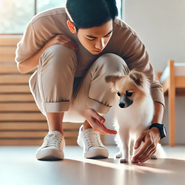 강아지의 뒷다리를 주의 깊게 살펴보는 젊은 동양 남성