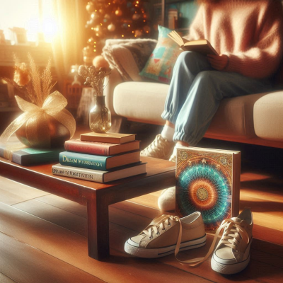 꿈과 신발을 테마로 한 따뜻한 거실에서 책과 함께 놓인 신발을 보여주는 장면입니다.