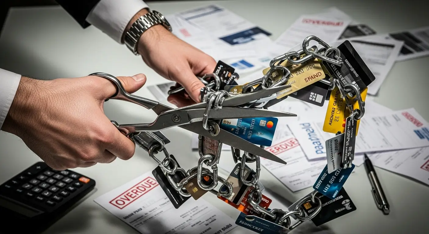 여러 장의 신용카드가 족쇄처럼 묶여 있는 것을 가위로 끊어내려는 직장인의 모습