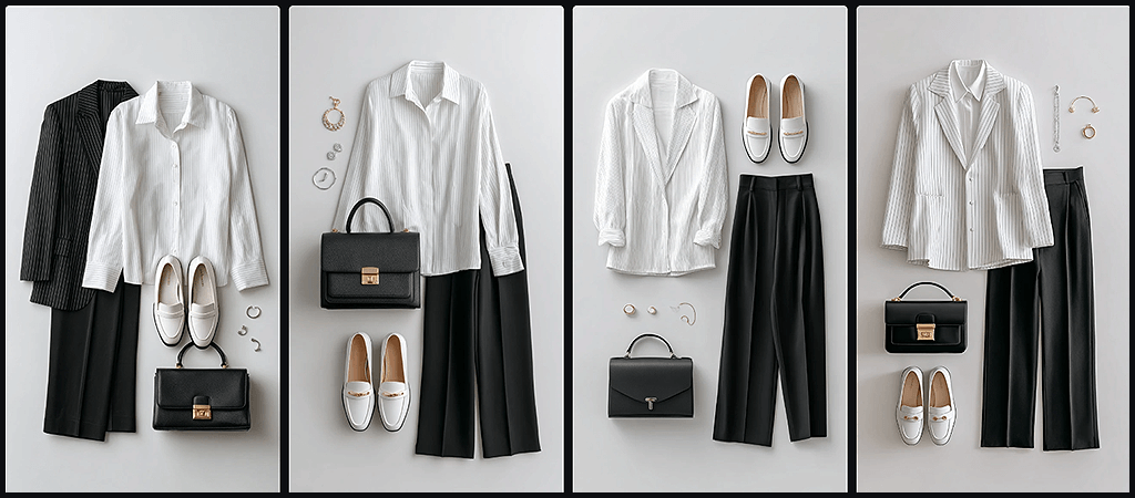 의상 플랫 레이, 화이트 셔츠와 핀스트라이프 블레이저, 블랙 와이드 슬랙스로 구성된 모던 시크 오피스룩 코디 이미지_Midjourney