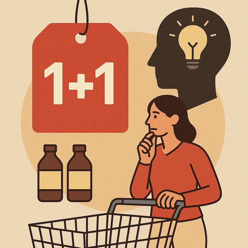 1+1-행사에-숨은-전략을-표현한-일러스트로,-여성이-장바구니를-밀며-두-개의-상품을-보며-고민하는-모습이-그려져,-할인-행사의-심리적-유인과-소비자-결정-과정을-상징함.