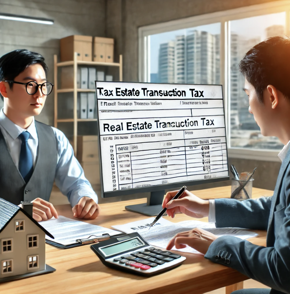 세무 전문가가 고객과 함께 부동산 세금 계산을 돕는 장면