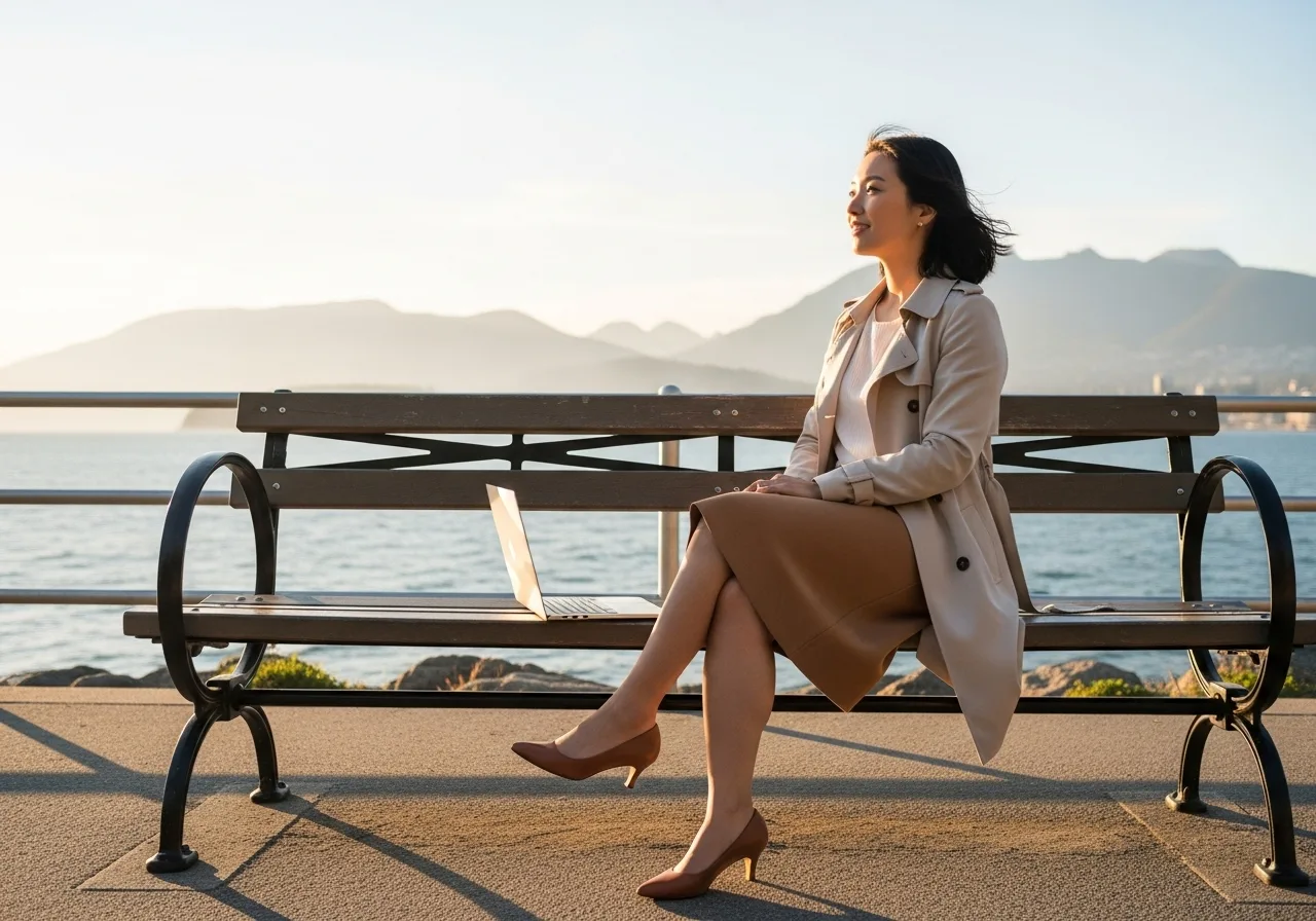 밴쿠버의 바닷가 공원에서 젊은 한국인 여성이 노트북을 잠시 덮고, 먼 수평선을 바라보며 희망찬 미소를 짓고 있다