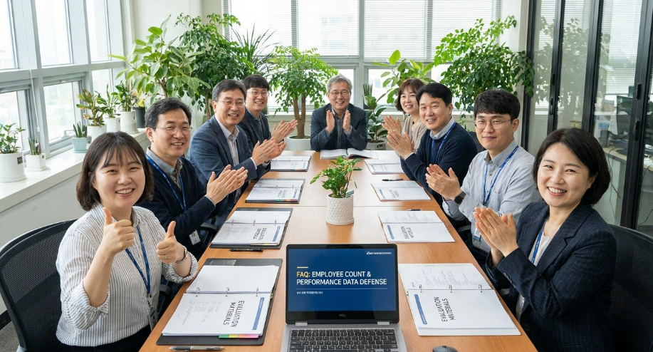 팀원들과 함께 모여 평가 자료를 검토하며 화이팅