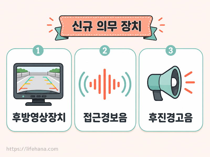 민간 수거차량에 새롭게 의무화되는 후방영상장치와 접근경보음 시스템의 작동 원리를 보여주는 그래픽 인포그래픽