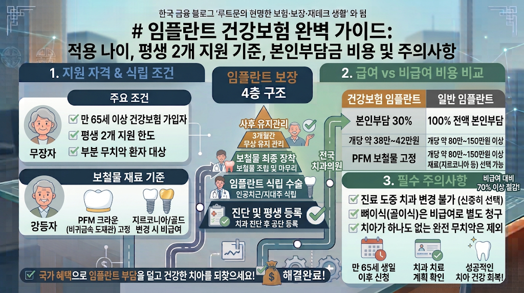 임플란트 건강보험 완벽 가이드: 적용 나이, 평생 2개 지원 기준, 본인부담금 비용 및 주의사항