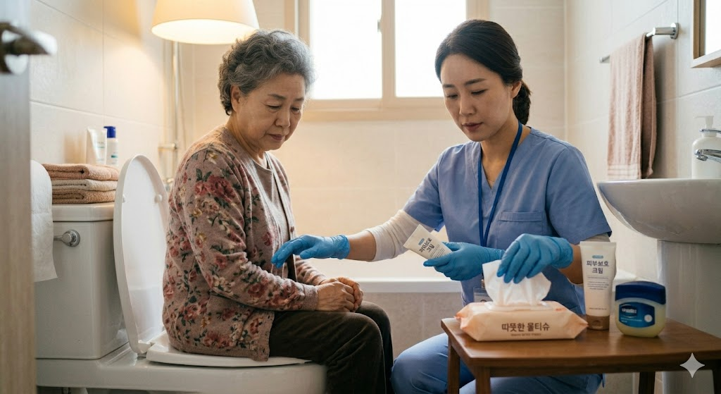 치매 환자를 위해 비데 없이 수작업으로 위생 뒷처리를 준비하는 간병인의 손