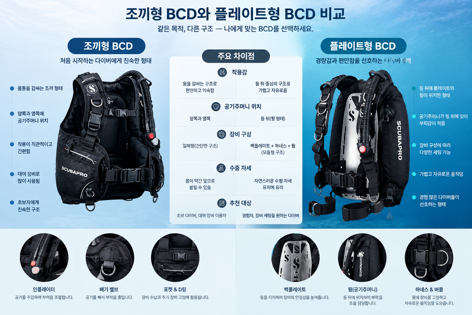 스쿠버다이빙 BCD 종류와 선택 방법|조끼형과 플레이트형의 차이