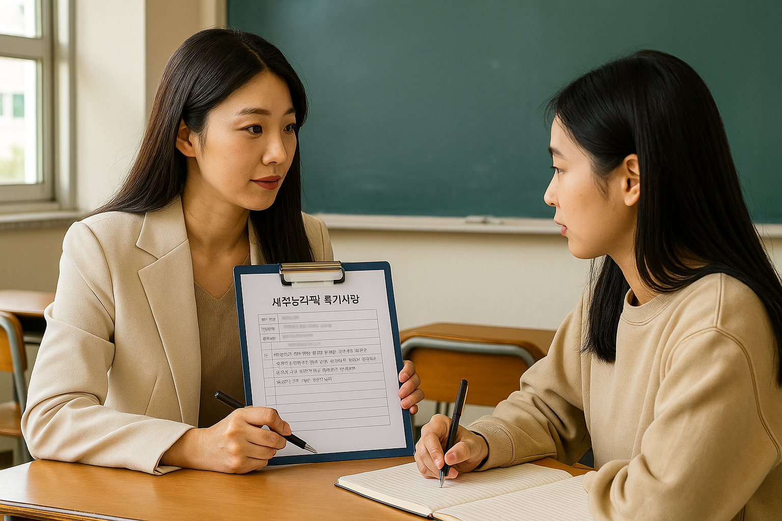 교사와 학생이 세특을 상담하는 장면