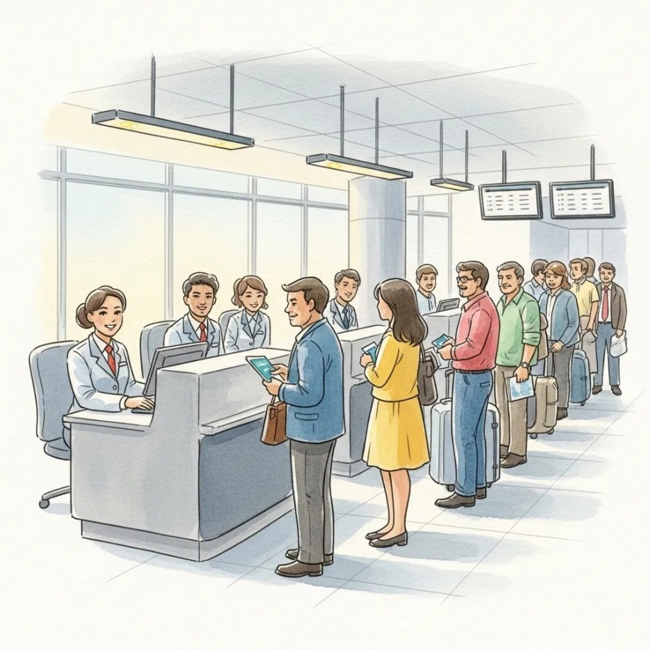 공항 입국심사대에서 줄 서 있는 모습
