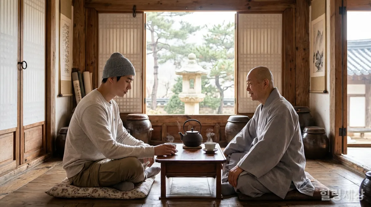 MZ세대 남성이 스님과 함께 차담을 나누며 깊은 대화를 하는 모습