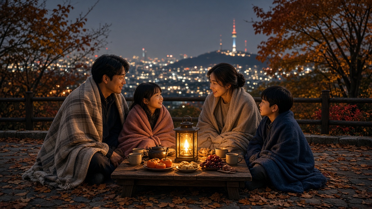 가을 저녁 남산 광장에서 랜턴을 켠 테이블에 둘러앉아 담요를 덮고 쉬는 한국인 가족