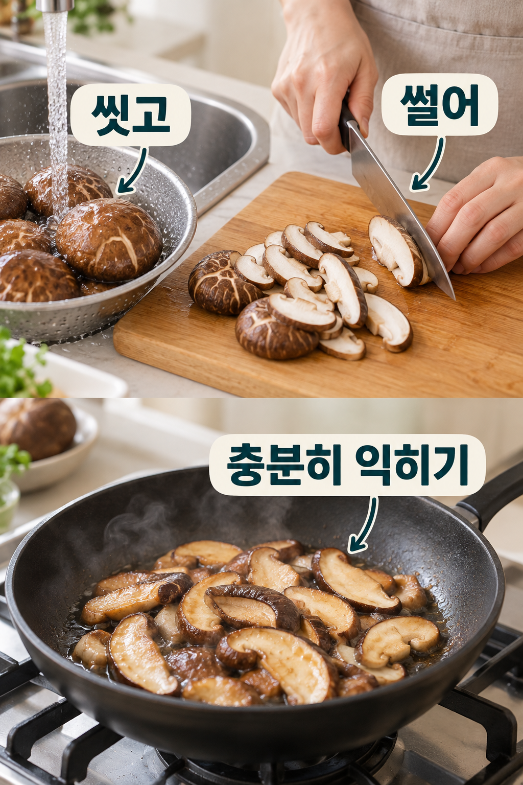 깨끗이 손질해 썬 표고와 팬에서 익히는 표고
