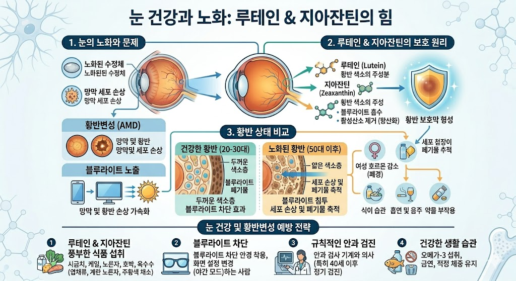 눈 노화 황반변성 예방 &mdash; 루테인 지아잔틴 황반 집적 청색광 필터 산화 스트레스 AREDS2 항산화 전략