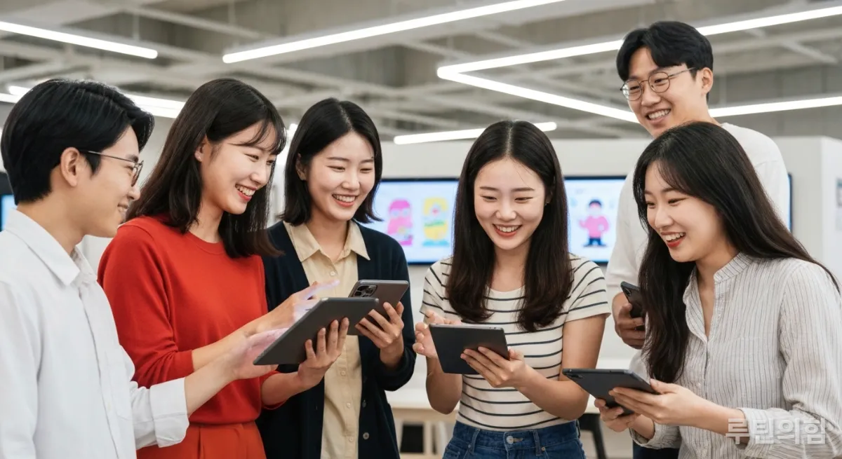 코워킹 스페이스에서 디지털 드로잉 작품을 공유하며 즐거워하는 MZ세대들