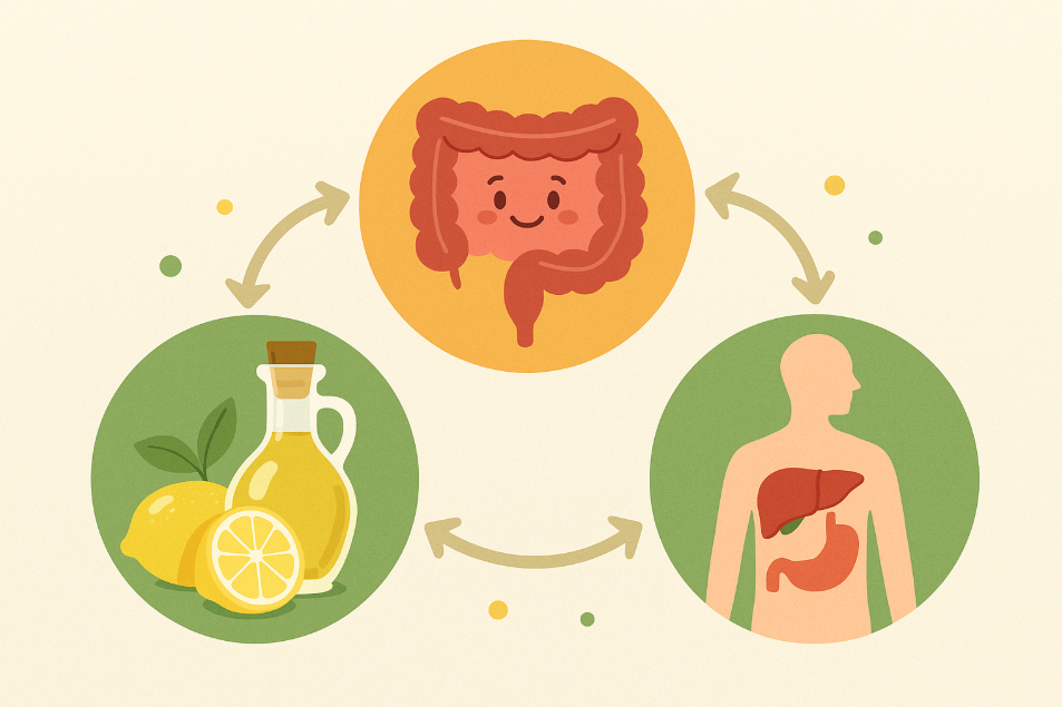 장내 환경, 간 해독, 포만감 효과를 시각화한 일러스트 – 레몬, 올리브유, 장기 아이콘이 함께 등장