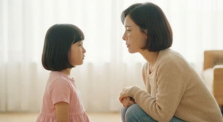 아이와 다시 눈을 맞추고 짧게 대화하는 장면