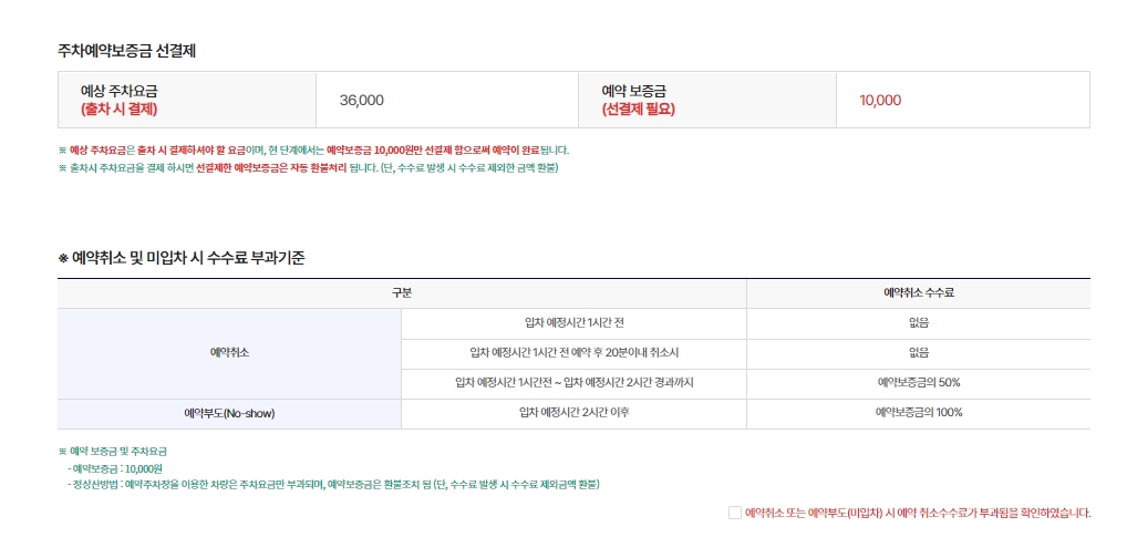 주차 예약 시 보증금 안내 및 예상 비용 확인