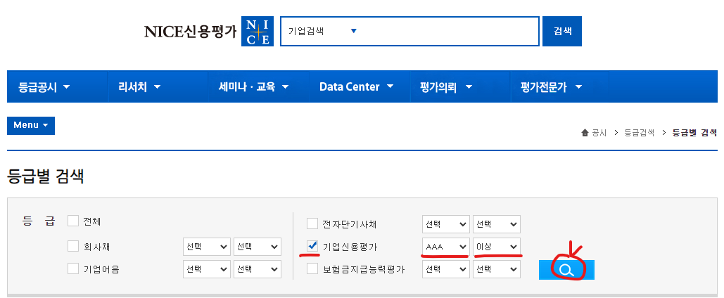 기업평가 신용등급별 검색