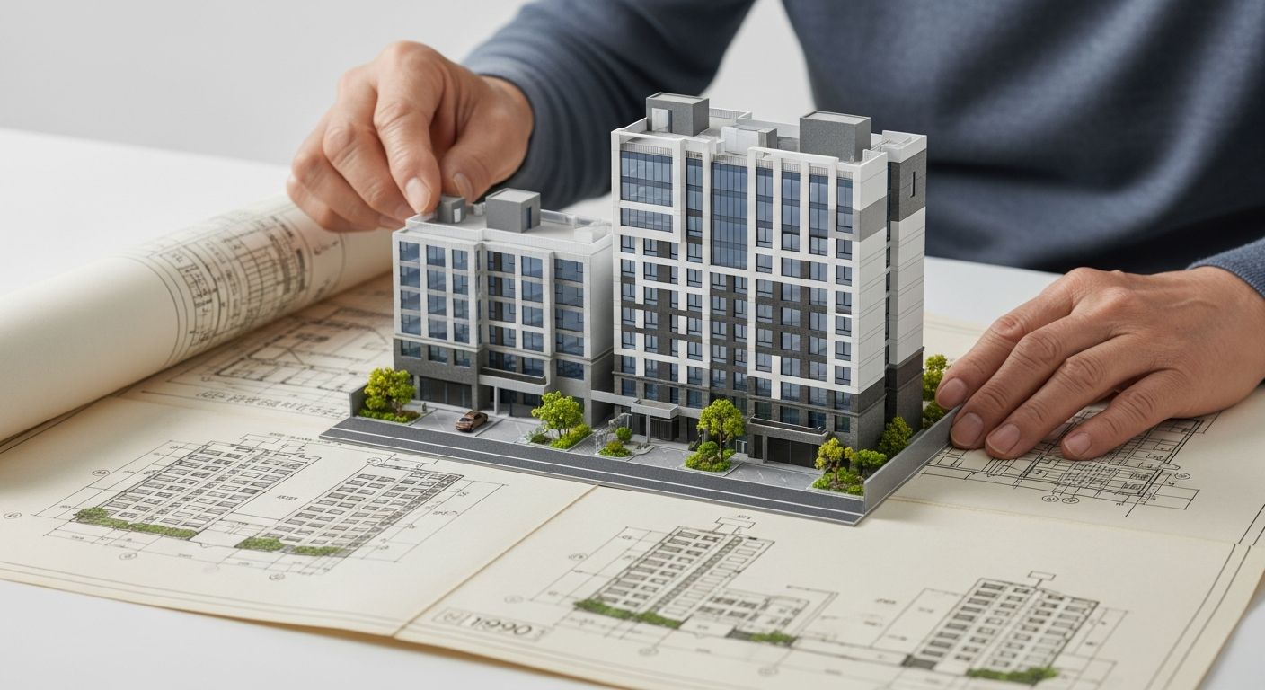 1990년대 아파트 설계도 위에 놓인 현대적인 아파트 단지 미니어처 모형을 조심스럽게 만지는 노부부의 손. 1기 신도시 재건축으로 인한 변화를 상징하는 이미지.