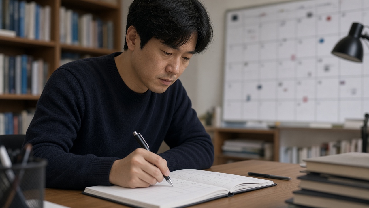도서관에서 시험 일정과 환불 기한을 플래너에 표시하는 30대 한국인 남성