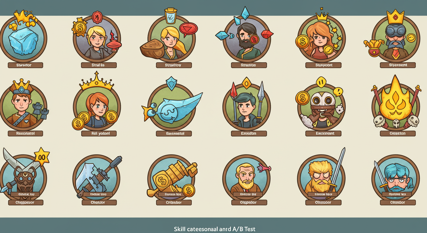 능력치 범위, 스킬 분류, 설정 감사, A/B 테스트 등 핵심 팁을 아이콘으로 요약한 일러스트