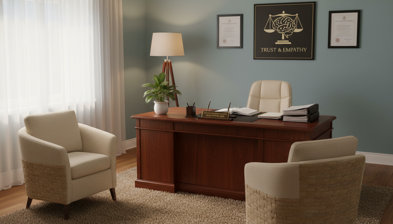 이혼 전문 변호사와의 법률 자문 및 부부 심리 치료를 진행하는 신뢰감 있고 아늑한 진료실 내부 풍경