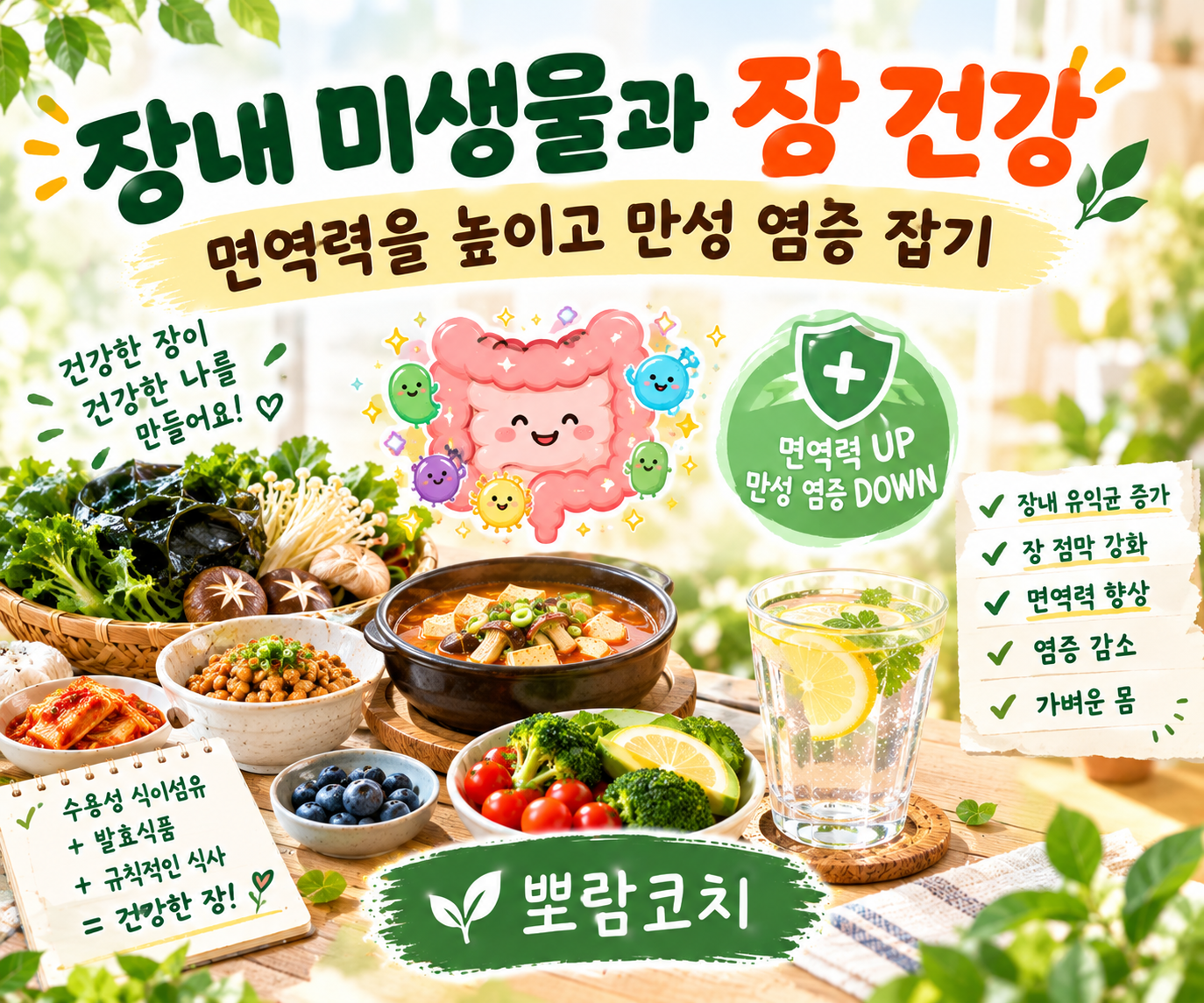 미역, 팽이버섯, 낫또 등 장내 유익균 먹이가 풍부하게 차려진 정갈한 한식 식탁