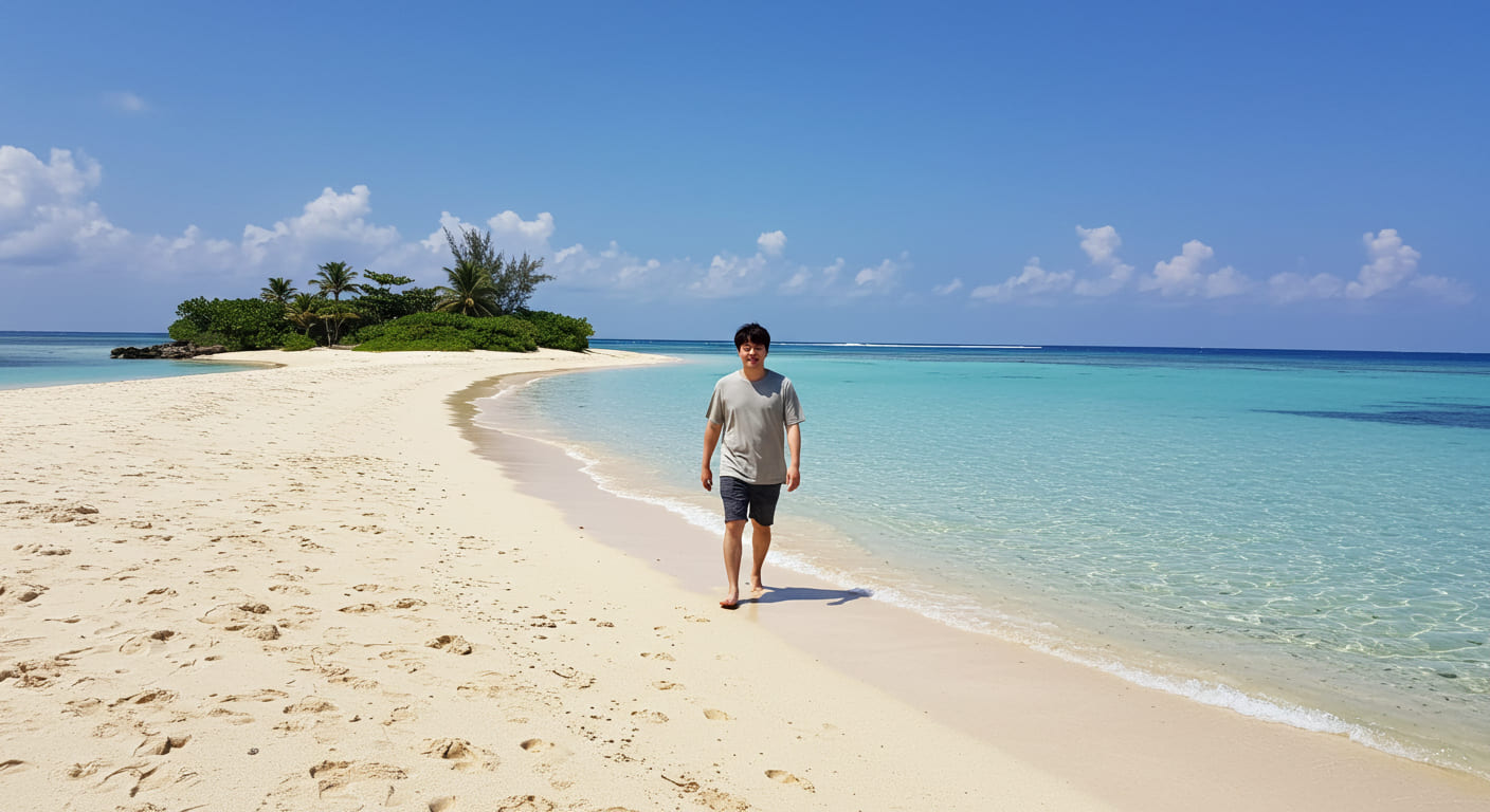 바라스 섬에서 산호 모래 위를 걷는 한국인 여행객