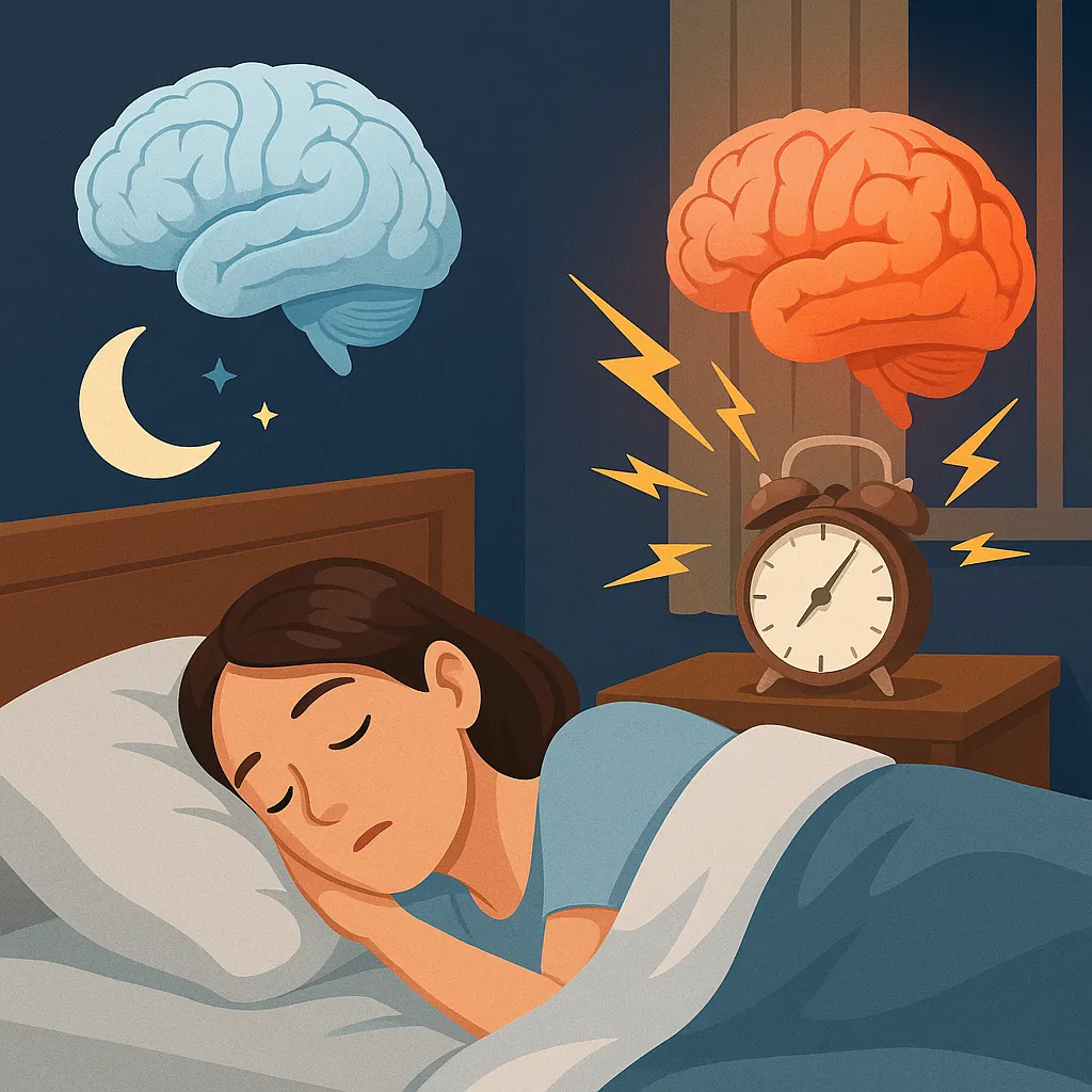 잠자리-환경이-조용하고-편안할-때-수면이-깊어지고-소음이나-방해-요소가-있을-때-수면이-얕아지는-모습을-표현한-이미지