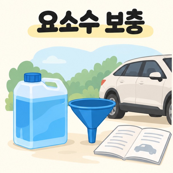 요소수 보충을 위한 파란 캡 용기와 깨끗한 주입 도구, 차량 설명서