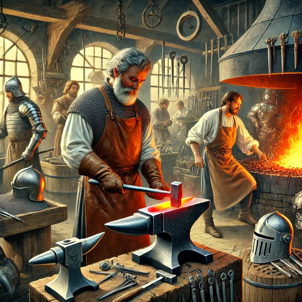 중세 유럽 대장장이(Blacksmith)가 대장간에서 작업하는 이미지