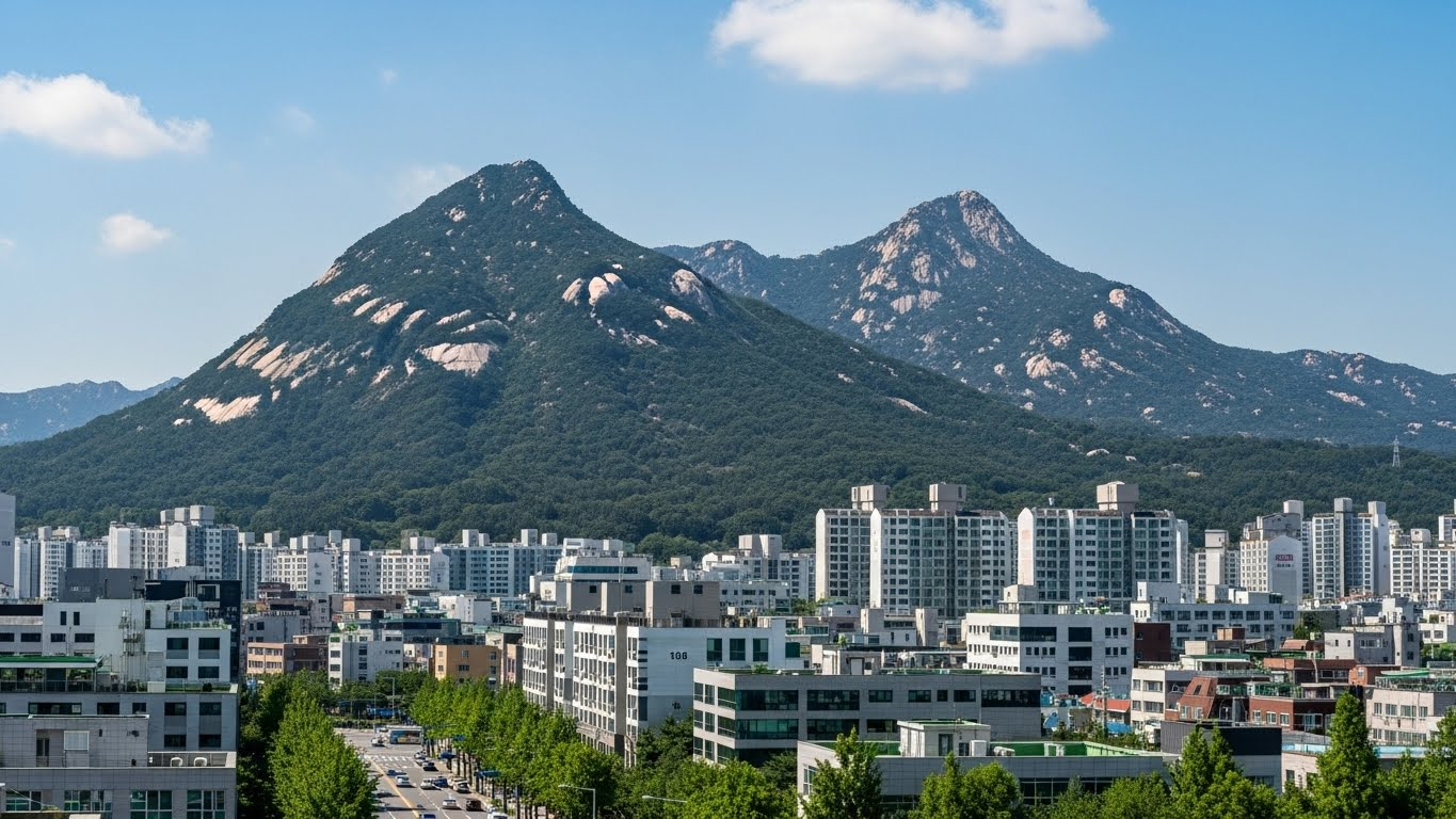 도봉산의 웅장한 봉우리와 도봉동 전경