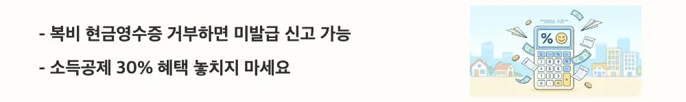 부동산 중개수수료: '복비 현금영수증 거부하면 미발급 신고 가능 / 소득공제 30% 혜택 놓치지 마세요'라는 문구가 포함된 웹배너 이미지. 이 이미지는 부동산 중개업의 현금영수증 의무발행 규정과 미발급 시 신고 방법 및 소득공제 혜택의 핵심 정보를 시각적으로 전달하며, 블로그의 중개수수료 현금영수증과 관련된 내용을 설명함
