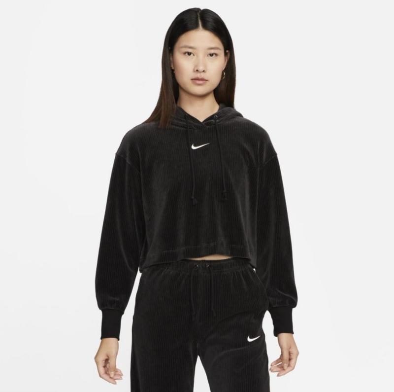 나이키 여성트레이닝세트 벨루어 코듀로이 크롭 풀오버 후디 와이드 팬츠 벨벳 바지 DQ5928-010 DQ5922-010
