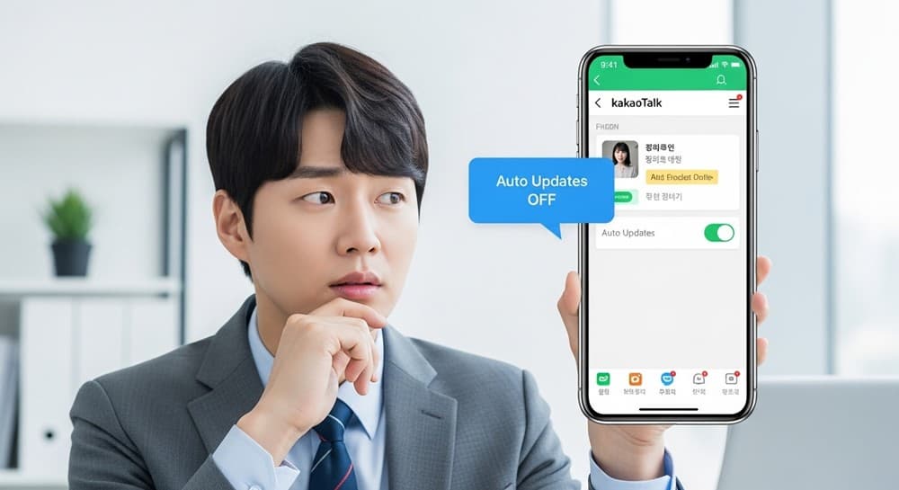 카카오톡 개편과 업데이트 차단 토글을 확인하는 사용자
