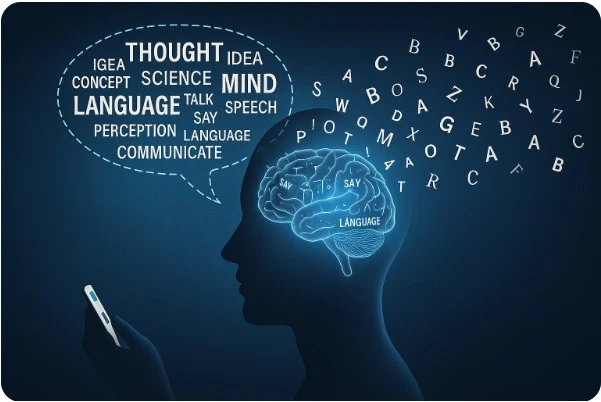 언어가 사고를 형성하고 제한하는 과정을 과학적으로 표현한 일러스트