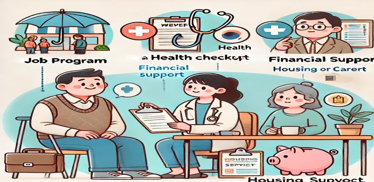 2025년 중장년층 복지 혜택을 다양한 영역(일자리, 건강, 금융, 주거)에서 활용하는 장면을 보여주는 이미지
