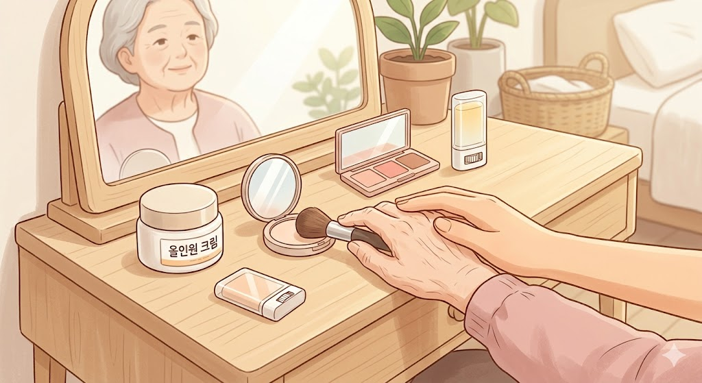 치매 환자를 위한 간소화된 화장품 세트와 화장대