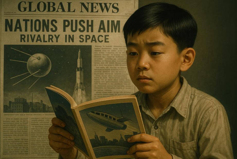 1959년 소년이 신문 앞에서 만화책을 읽는 장면