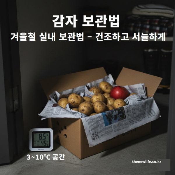 겨울철 감자 보관법을 보여주는 이미지. 신문지로 감싼 감자를 종이박스에 담아 현관 옆 서늘한 공간에 보관하는 모습