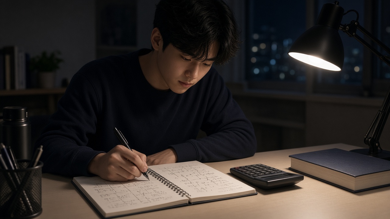 저녁 독서실 책상에서 전기 회로 계산 문제를 노트에 풀며 공부하는 20대 남성 수험생
