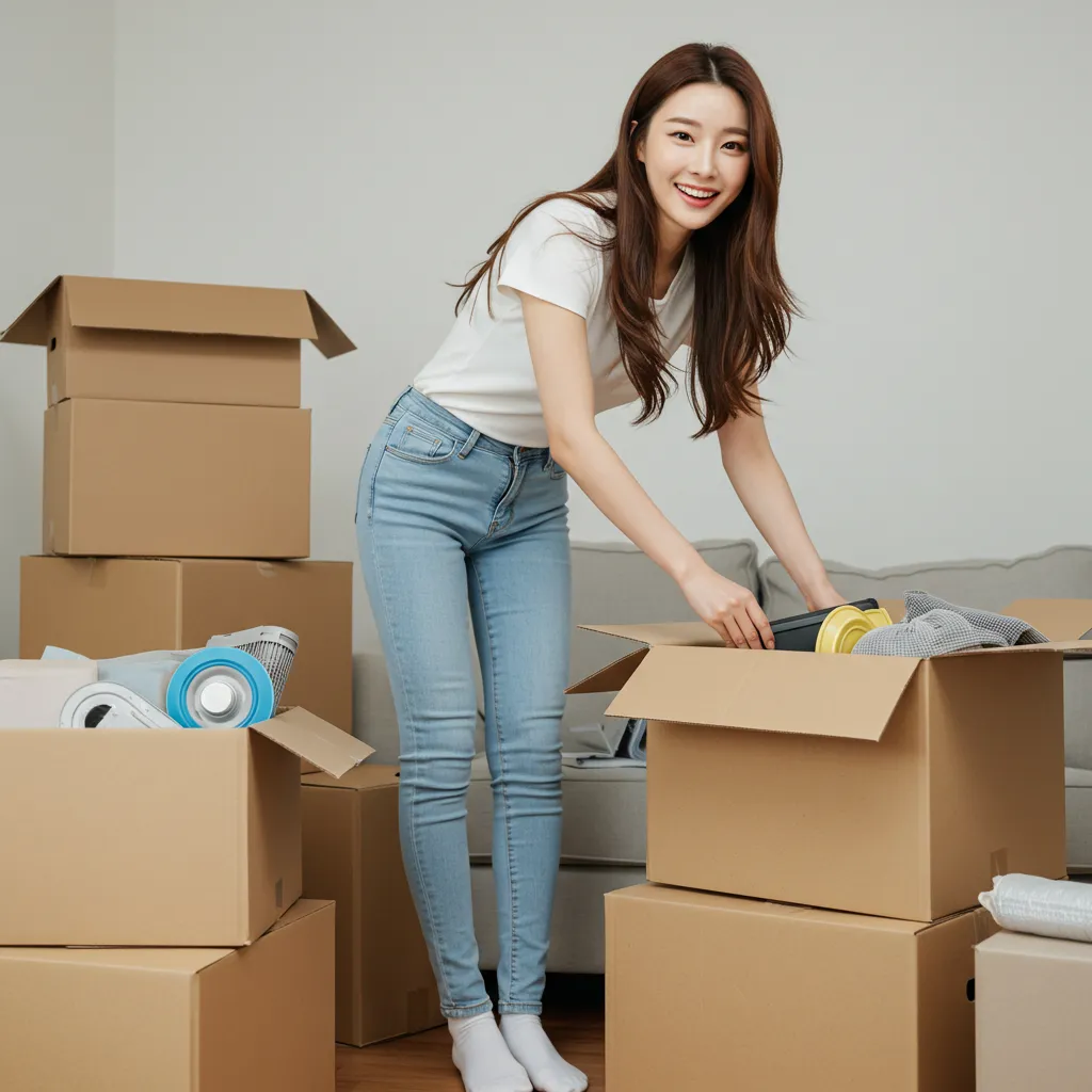 이삿짐 포장하고 있는 여성