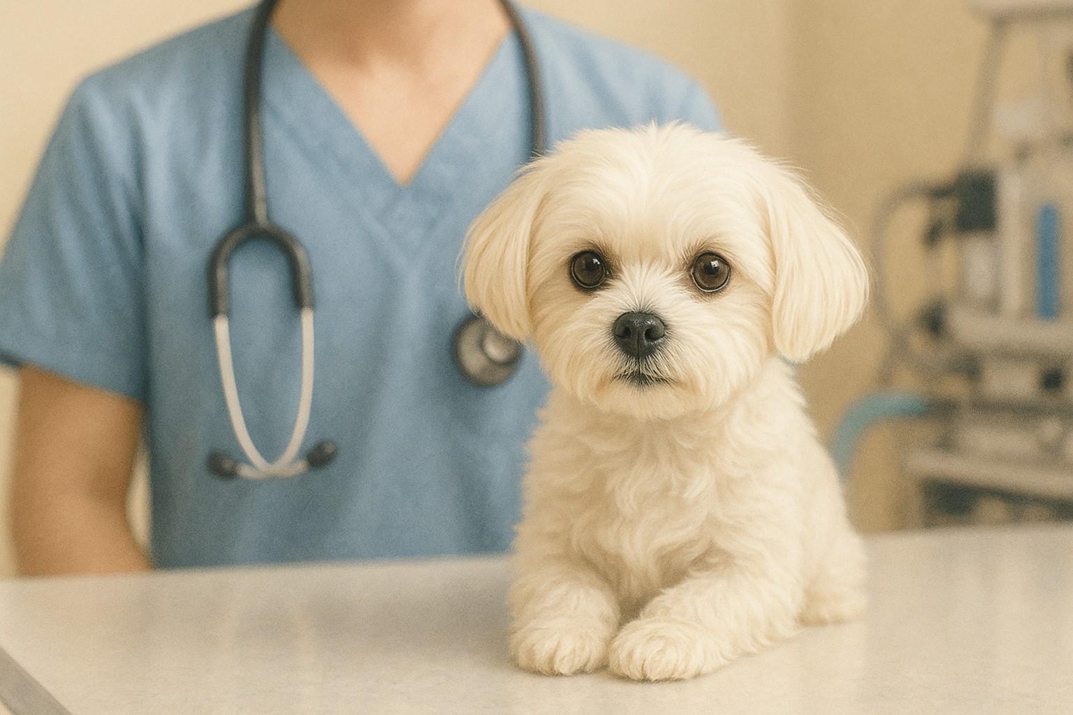 진료대 위에 단정히 앉은 화이트 말티즈와 뒤편의 수의사, 청진기와 의료기구가 보이는 동물병원 진료실