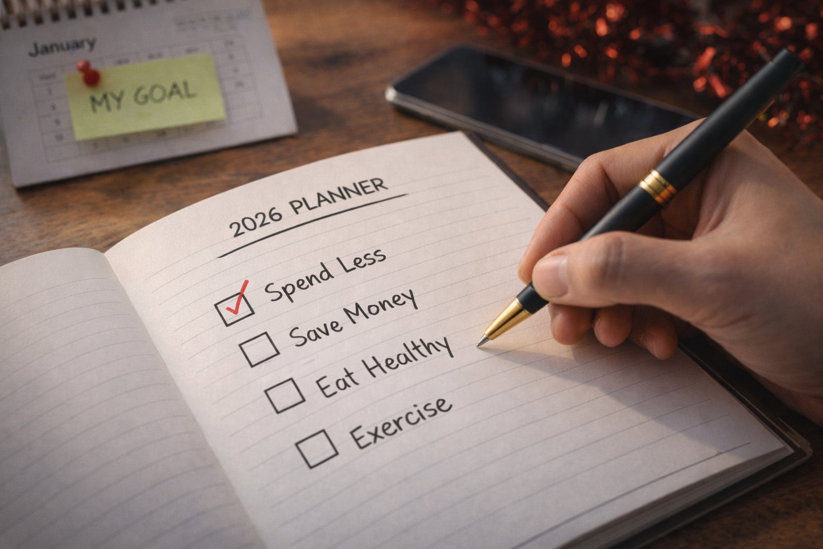 2026 플래너에 ‘Spend Less’ 체크리스트를 체크하고 있는 손과 펜
