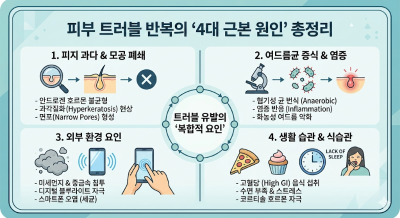 피부 트러블 4가지 요약 인표그래픽: 피지 과다, 여드름균, 외부 환경, 생활 습