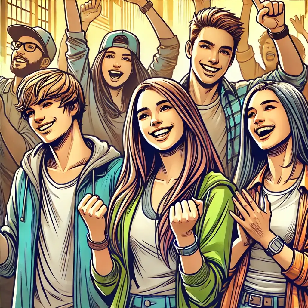 함께 모여 기뻐하는 청년들의 활기찬 모습.