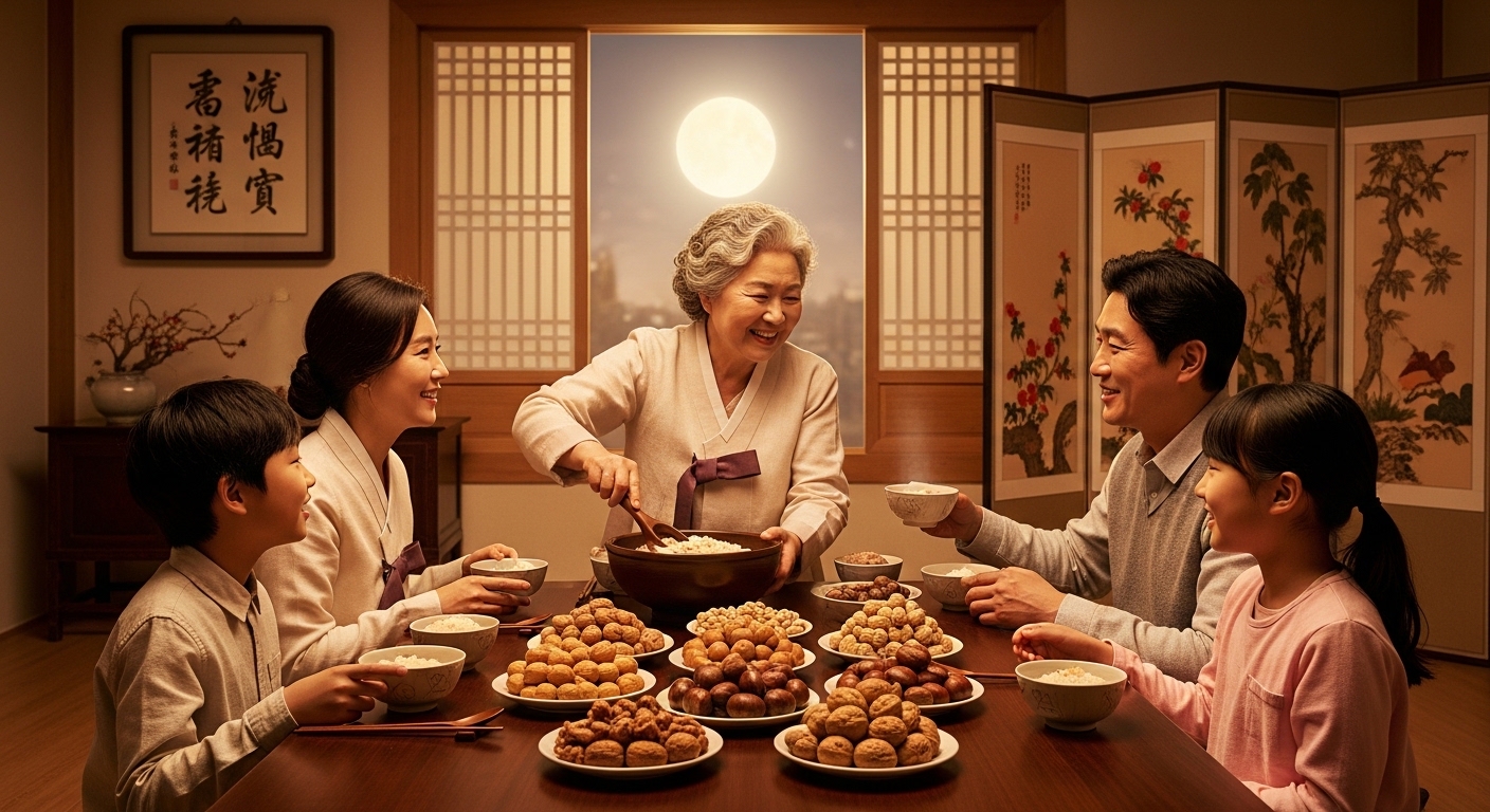 2026년 정월대보름, 오곡밥과 부럼을 나누며 가족과 함께 시간을 보내는 따뜻한 한국 가정의 모습.