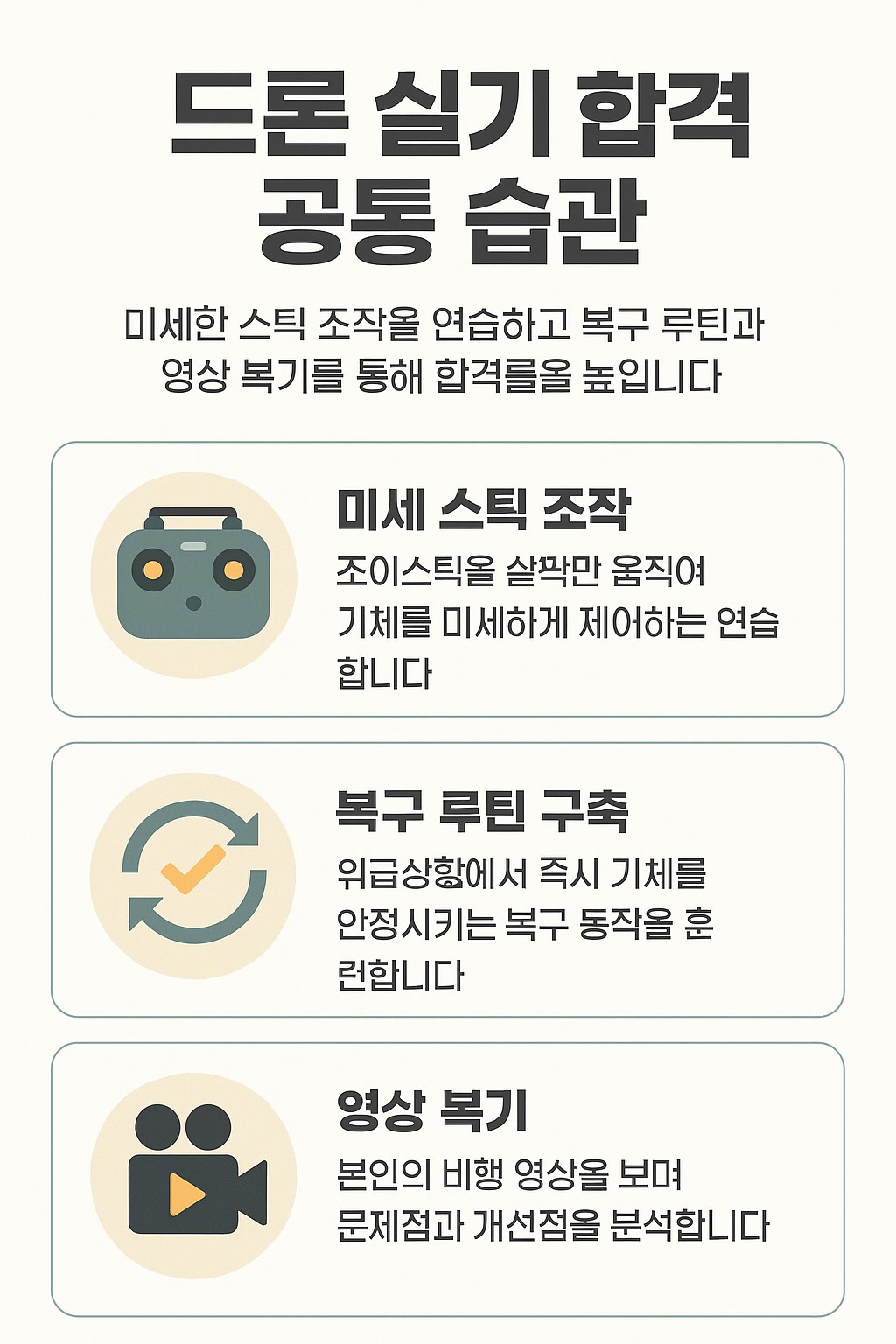 드론 실기 합격자 공통 습관 인포그래픽(미세스틱·복구루틴·영상복기)