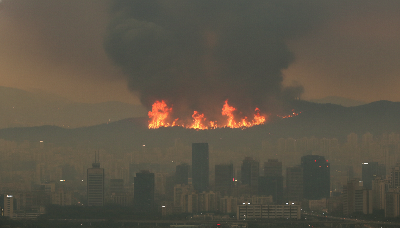 강풍을 타고 확산 중인 고성 산불의 붉은 화염과 이로 인해 잿빛 연기로 뒤덮인 뿌연 서울 도심의 대조적인 전경
